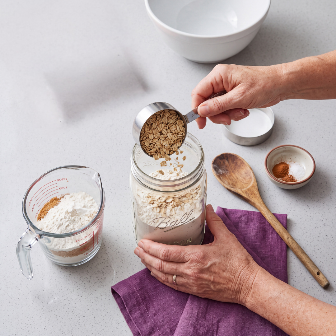 A simple dry mix process with a bowl, whisk, and jar