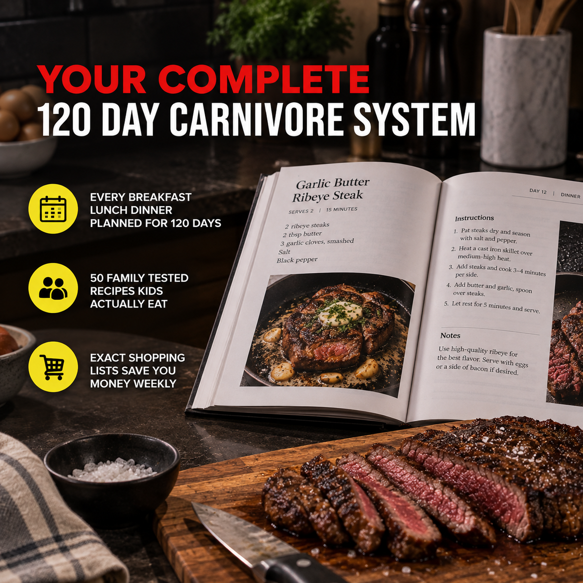 Cookbook open beside a kitchen workspace