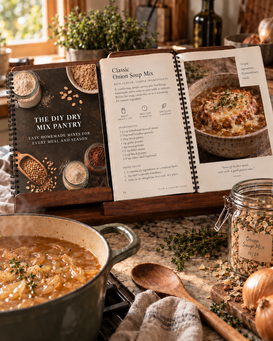 Cookbook open beside a kitchen workspace